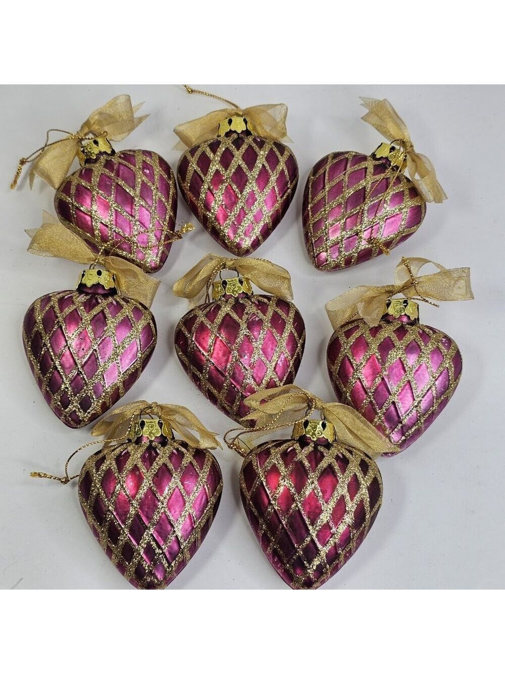 Heart Shaped Glass Vintage Christmas Ornaments Purple And Gold 8pcs